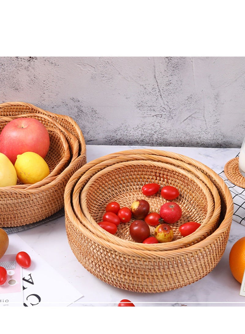 Handwoven Round Rattan Fruit Basket - Wicker Food Tray for Dinning Room - Weaving Storage Holder - Natural Woven Bread Basket - Table Countertop Bowl (Medium 9") - Brown - Image 5