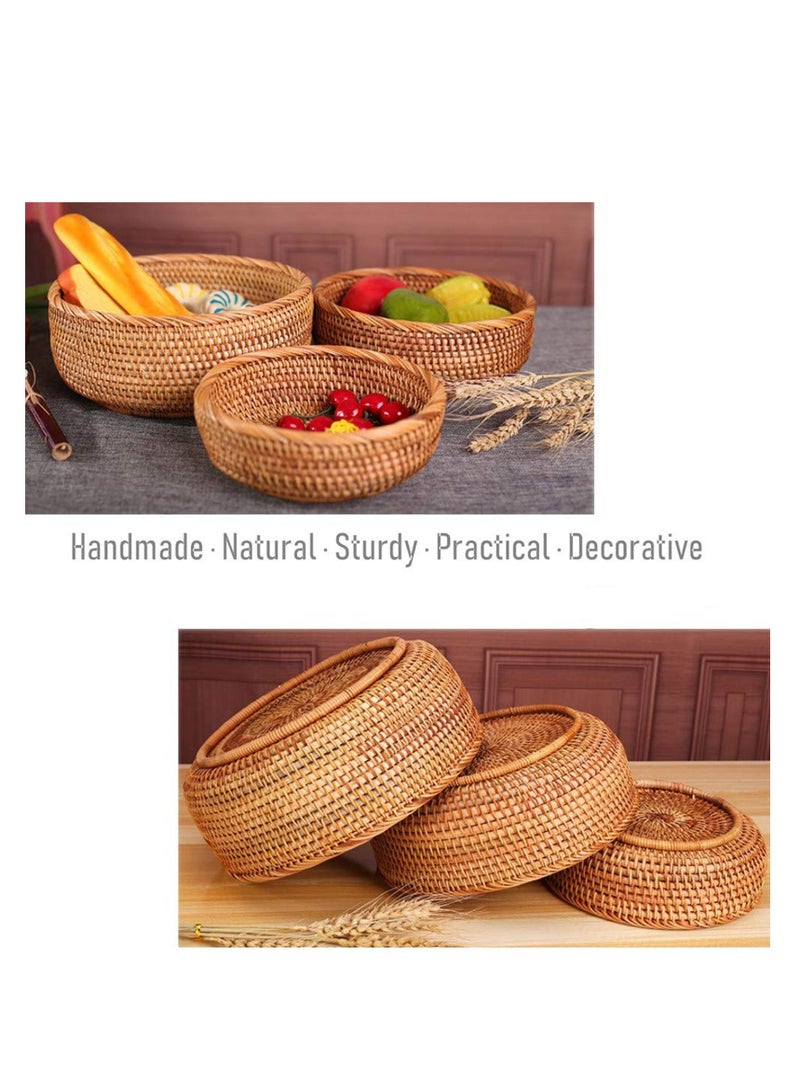 Handwoven Round Rattan Fruit Basket - Wicker Food Tray for Dinning Room - Weaving Storage Holder - Natural Woven Bread Basket - Table Countertop Bowl (Medium 9") - Brown - Image 2