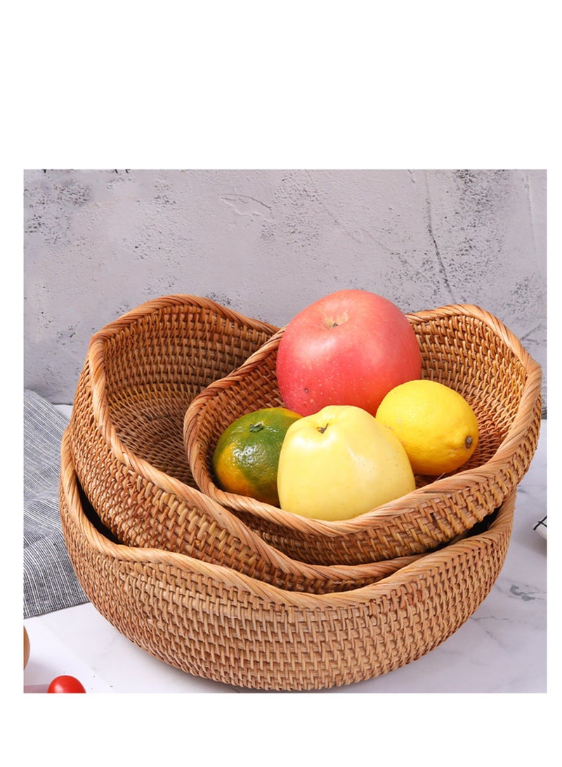 Handwoven Round Rattan Fruit Basket - Wicker Food Tray for Dinning Room - Weaving Storage Holder - Natural Woven Bread Basket - Table Countertop Bowl (Medium 9") - Brown - Image 3