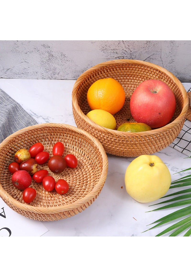 Handwoven Round Rattan Fruit Basket - Wicker Food Tray for Dinning Room - Weaving Storage Holder - Natural Woven Bread Basket - Table Countertop Bowl (Medium 9") - Brown - Image 4