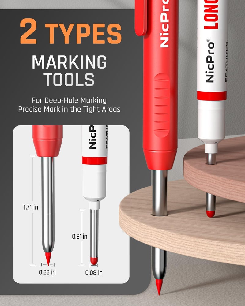 Nicpro 2 Pack CP1000 Carpenter Pencil with Sharpener, Mechanical Carpenter Pencils with 26 Refills, Deep Hole Long Nib Marker Pens for Construction, Heavy Duty Woodworking Pencil for Architect Marking - Image 2