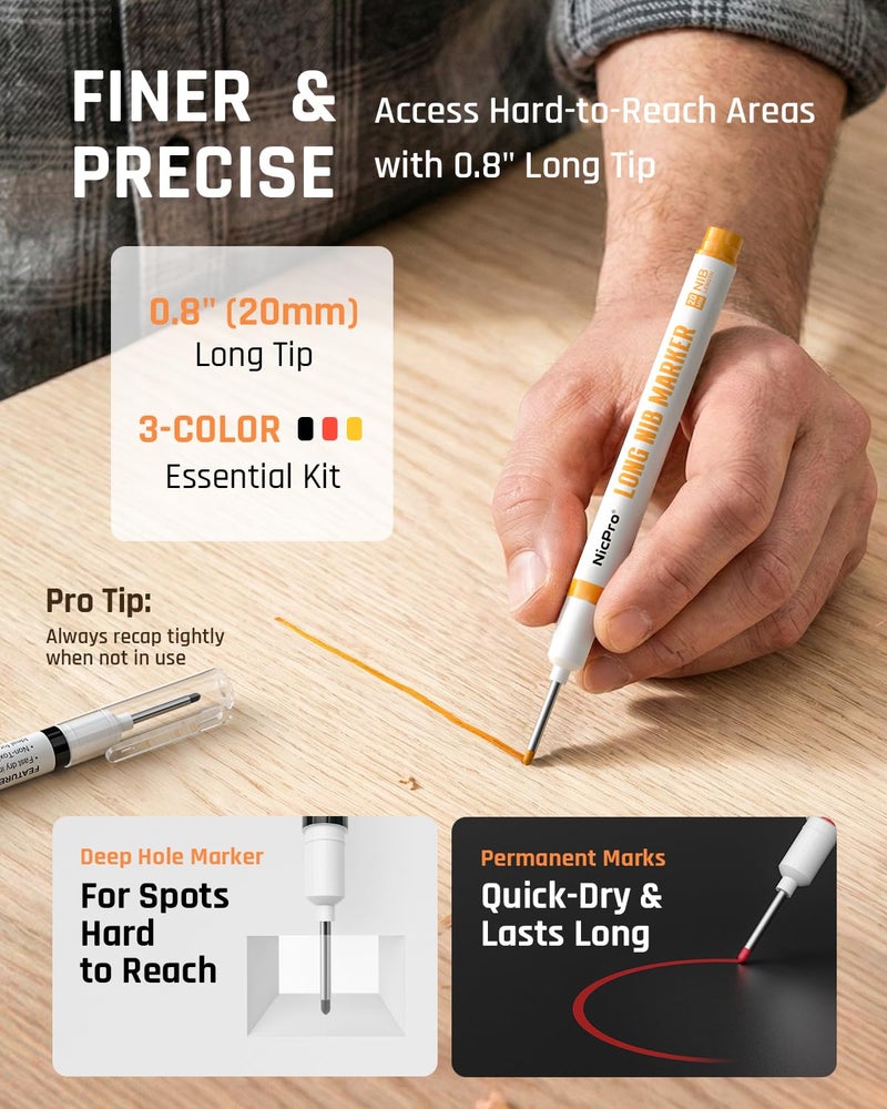 Nicpro 2 Pack CP1000 Carpenter Pencil with Sharpener, Mechanical Carpenter Pencils with 26 Refills, Deep Hole Long Nib Marker Pens for Construction, Heavy Duty Woodworking Pencil for Architect Marking - Image 5