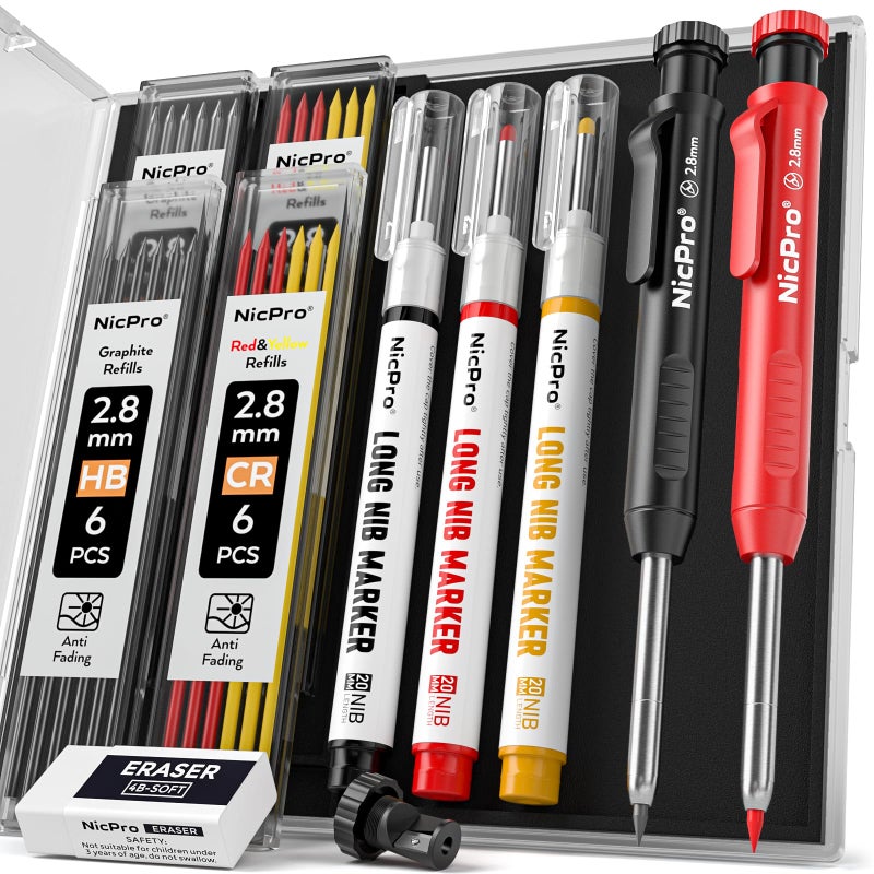 Nicpro 2 Pack CP1000 Carpenter Pencil with Sharpener, Mechanical Carpenter Pencils with 26 Refills, Deep Hole Long Nib Marker Pens for Construction, Heavy Duty Woodworking Pencil for Architect Marking - Image 1
