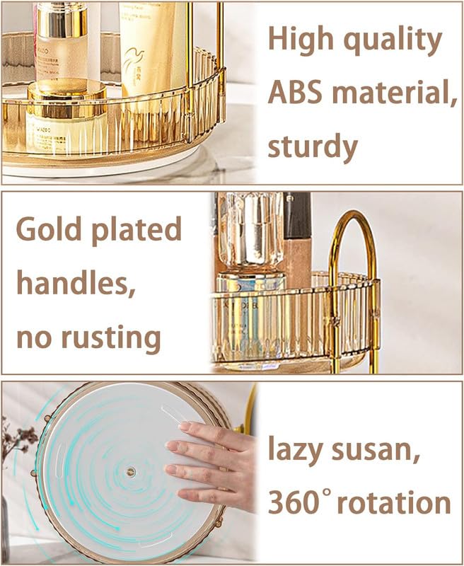 Zeinwap Lazy Susan Rotating Makeup Organizer For Vanity, High-Capacity Skincare Clear Make Up Storage Perfume Cosmetic Dresser Organizer Countertop 360 Spinning (2 Tier, Amber Gold, Cosmetics) - Image 4