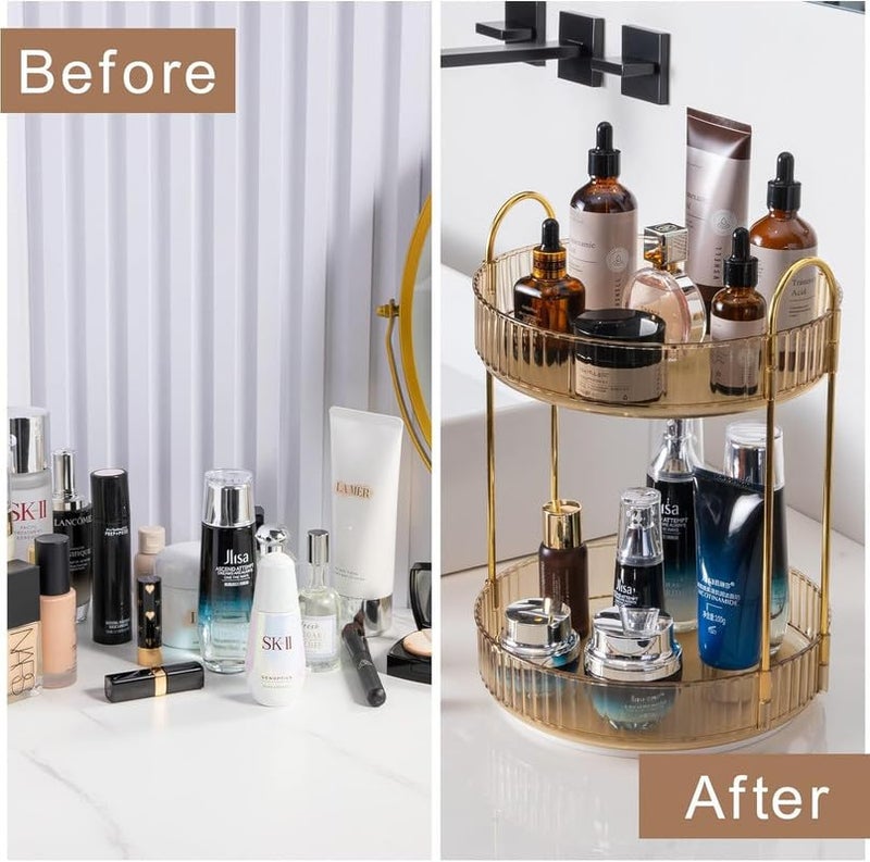 Zeinwap Lazy Susan Rotating Makeup Organizer For Vanity, High-Capacity Skincare Clear Make Up Storage Perfume Cosmetic Dresser Organizer Countertop 360 Spinning (2 Tier, Amber Gold, Cosmetics) - Image 5