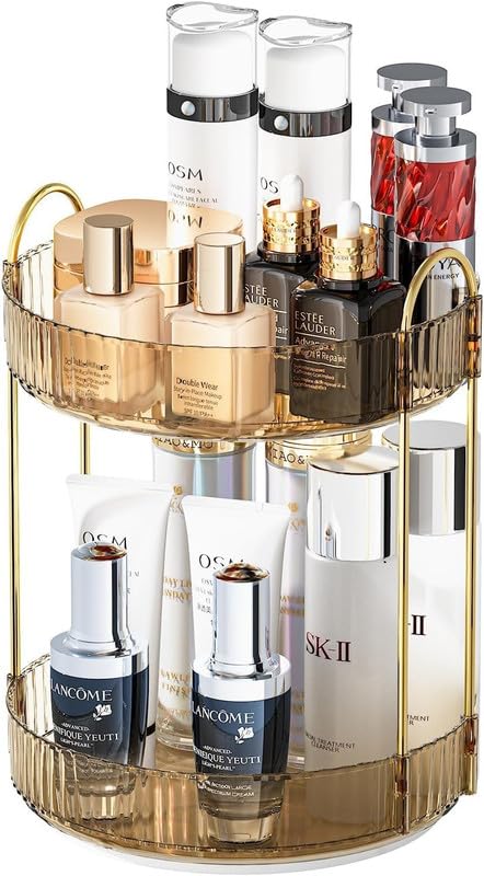 Zeinwap Lazy Susan Rotating Makeup Organizer For Vanity, High-Capacity Skincare Clear Make Up Storage Perfume Cosmetic Dresser Organizer Countertop 360 Spinning (2 Tier, Amber Gold, Cosmetics) - Image 1