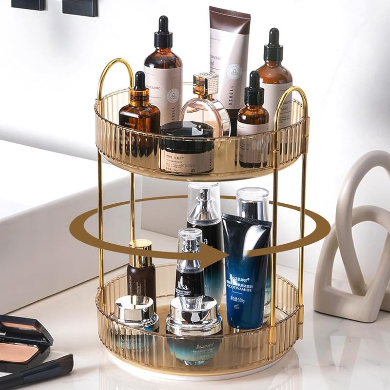 Zeinwap Lazy Susan Rotating Makeup Organizer For Vanity, High-Capacity Skincare Clear Make Up Storage Perfume Cosmetic Dresser Organizer Countertop 360 Spinning (2 Tier, Amber Gold, Cosmetics) - Image 3