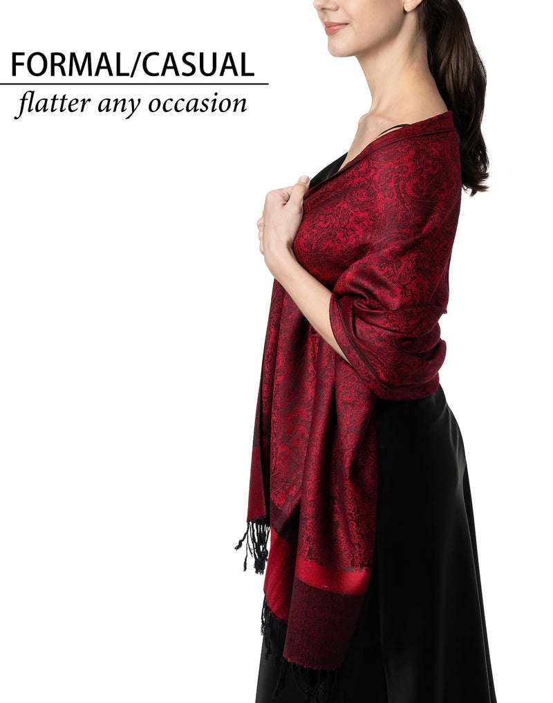 Achillea Two Tone Vintage Jacquard Paisley Pashmina Shawl Wrap Scarf (Burgundy) - Image 2