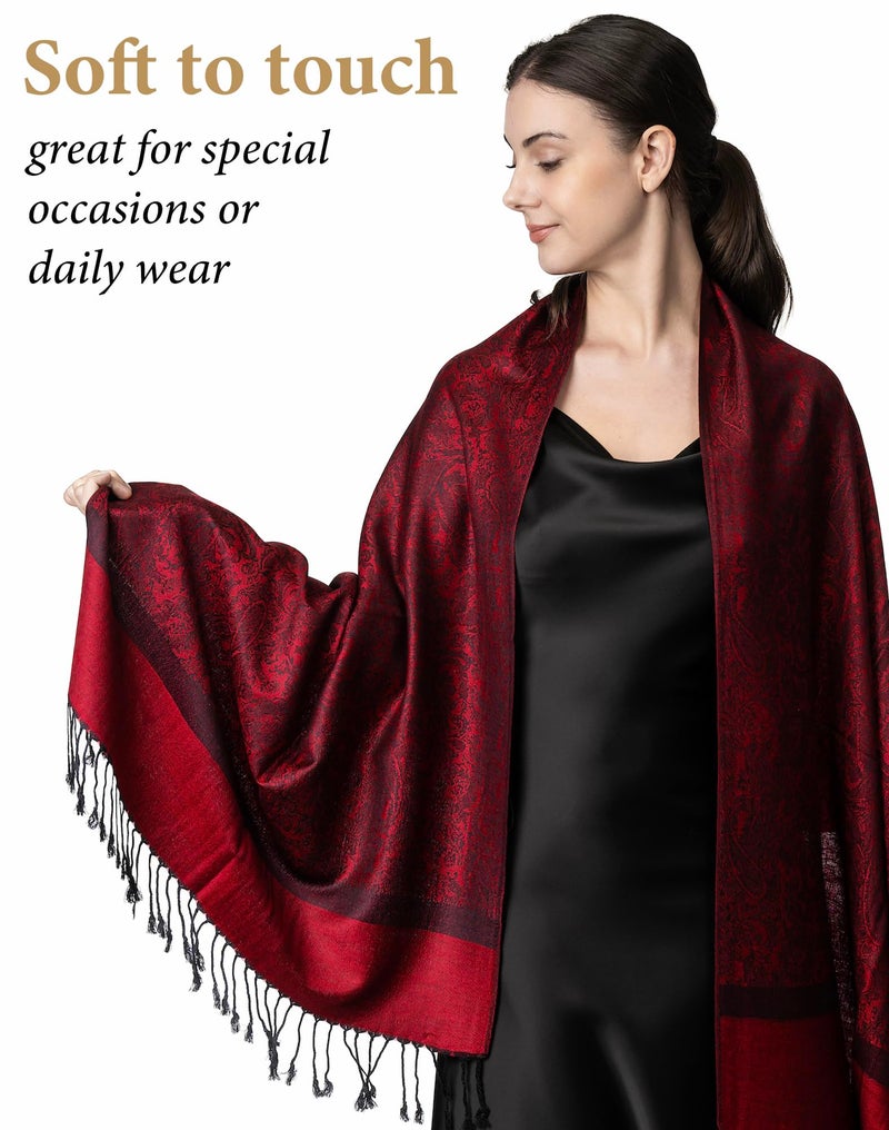 Achillea Two Tone Vintage Jacquard Paisley Pashmina Shawl Wrap Scarf (Burgundy) - Image 3