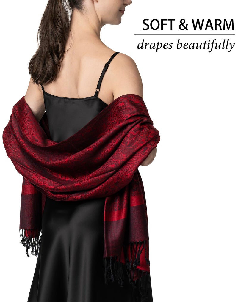 Achillea Two Tone Vintage Jacquard Paisley Pashmina Shawl Wrap Scarf (Burgundy) - Image 4