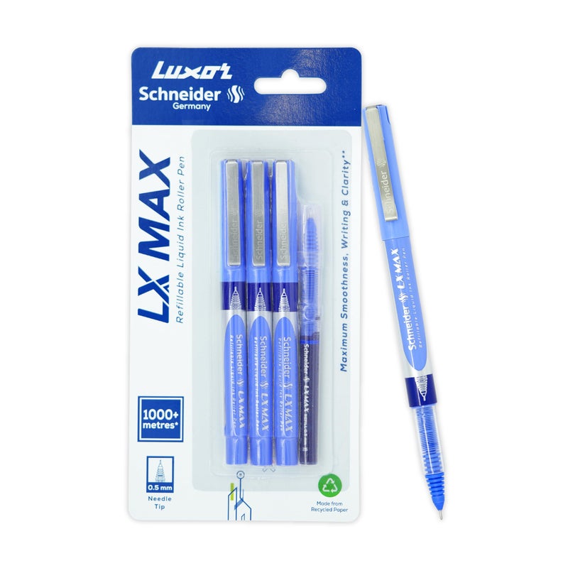 Luxor Schneider LX MAX Needle Tip Pen for Students and Office Use | Pack of 3 Blue + 1 Refill | Comfortable Grip, Ideal for Daily Writing - Image 3