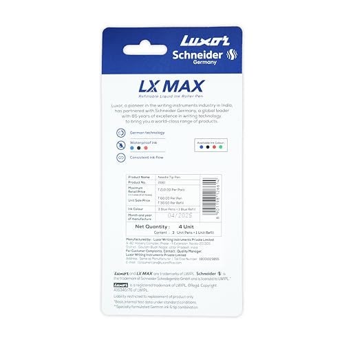 Luxor Schneider LX MAX Needle Tip Pen for Students and Office Use | Pack of 3 Blue + 1 Refill | Comfortable Grip, Ideal for Daily Writing - Image 2