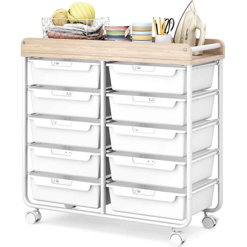 APEXCHASER 10 Drawers Rolling Cart with Wooden Tabletop, Utility Storage Cart with Wheels, Art Supply Craft Organizer on Wheel with Metal Frame & Handles for Home Office School (Pure White) - Image 1