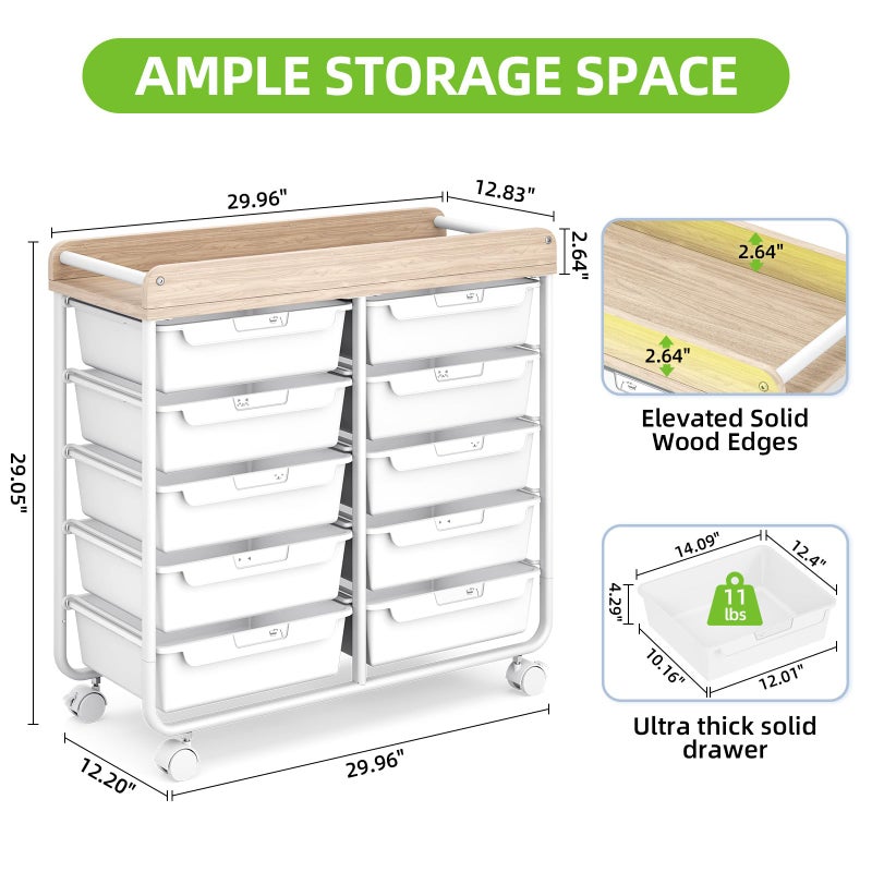 APEXCHASER 10 Drawers Rolling Cart with Wooden Tabletop, Utility Storage Cart with Wheels, Art Supply Craft Organizer on Wheel with Metal Frame & Handles for Home Office School (Pure White) - Image 2