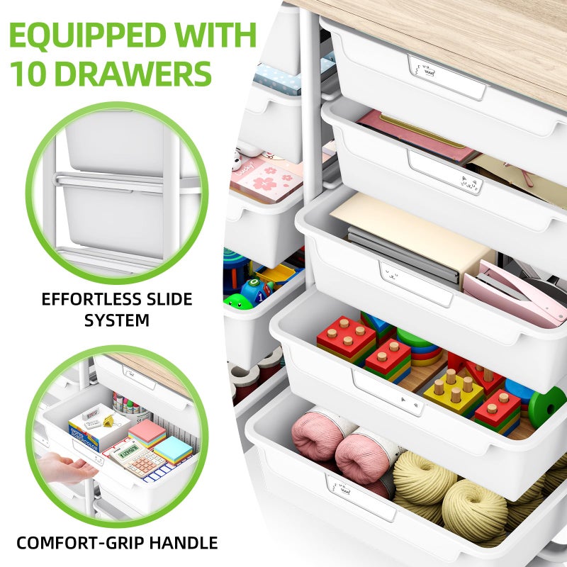APEXCHASER 10 Drawers Rolling Cart with Wooden Tabletop, Utility Storage Cart with Wheels, Art Supply Craft Organizer on Wheel with Metal Frame & Handles for Home Office School (Pure White) - Image 3