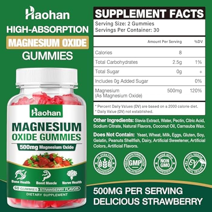 HAOHAN Magnesium Oxide Gummies 500mg - Strawberry Flavor Chewable Supplement for Adults & Kids with Nerve & Muscle Support - Vegan, Non-GMO, 120 Count - Image 2