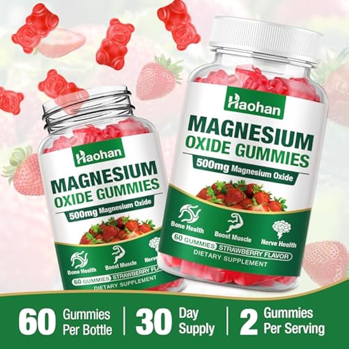HAOHAN Magnesium Oxide Gummies 500mg - Strawberry Flavor Chewable Supplement for Adults & Kids with Nerve & Muscle Support - Vegan, Non-GMO, 120 Count - Image 5