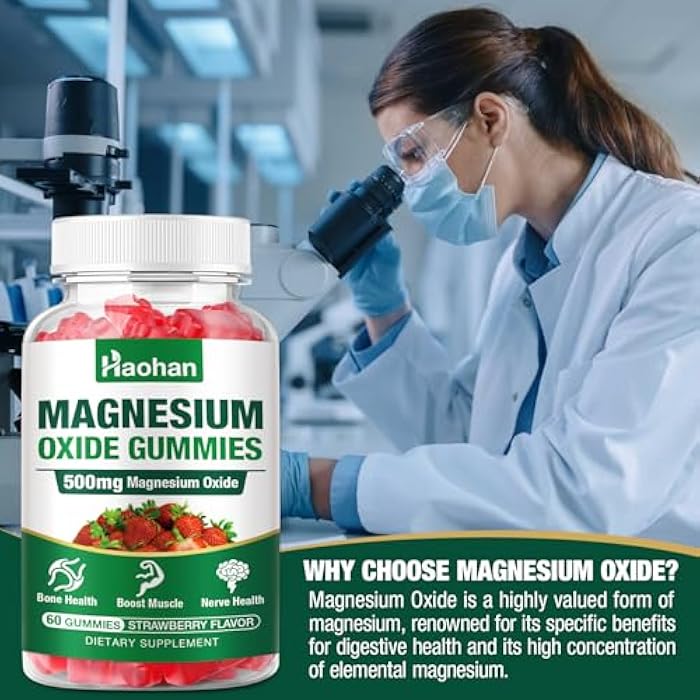 HAOHAN Magnesium Oxide Gummies 500mg - Strawberry Flavor Chewable Supplement for Adults & Kids with Nerve & Muscle Support - Vegan, Non-GMO, 120 Count - Image 4