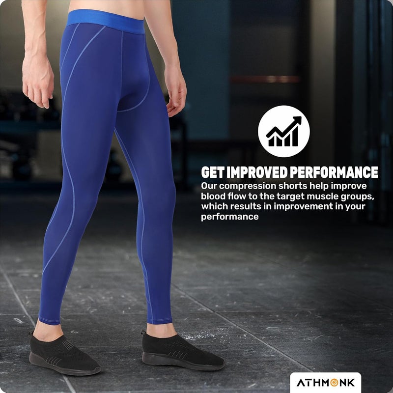 Athmonk Compression Nylon Lycra Lower Leggings Tights Yoga Pants for Men Boys - Workout Gym Exercise Running Cycling Training - Full Leg Sleeves - Cold Weather Sports Inner - Skinny Fit - Image 2