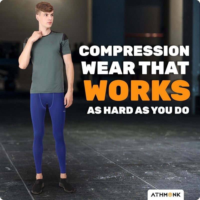 Athmonk Compression Nylon Lycra Lower Leggings Tights Yoga Pants for Men Boys - Workout Gym Exercise Running Cycling Training - Full Leg Sleeves - Cold Weather Sports Inner - Skinny Fit - Image 4