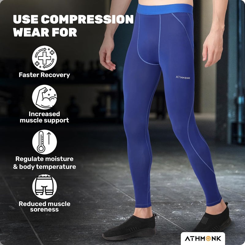 Athmonk Compression Nylon Lycra Lower Leggings Tights Yoga Pants for Men Boys - Workout Gym Exercise Running Cycling Training - Full Leg Sleeves - Cold Weather Sports Inner - Skinny Fit - Image 1