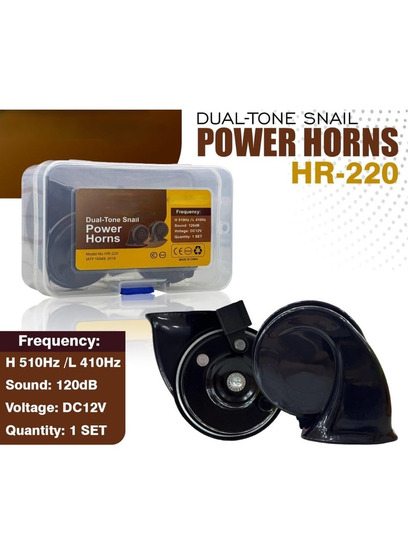 HR-220 Dual-Tone Snail Power Horns, 120dB, DC 12V, Black, High/Low Frequency 510Hz/410Hz, Vehicle Warning System - Image 2