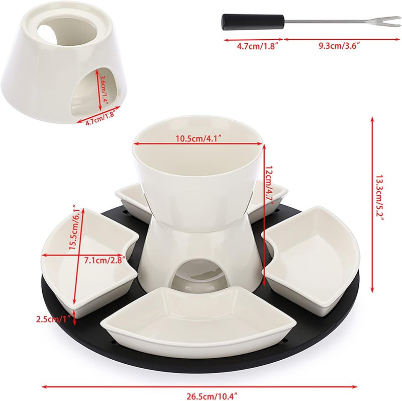 BSTKEY 300ML Ceramic Butter Warmer Set with Wooden Pallet, Fondue Pot Melting Pot Set, Melt Hot Pot Bowl Set For Cheese Chocolate Butter Caramel, with 4 Forks and 4 Dishes - Image 2