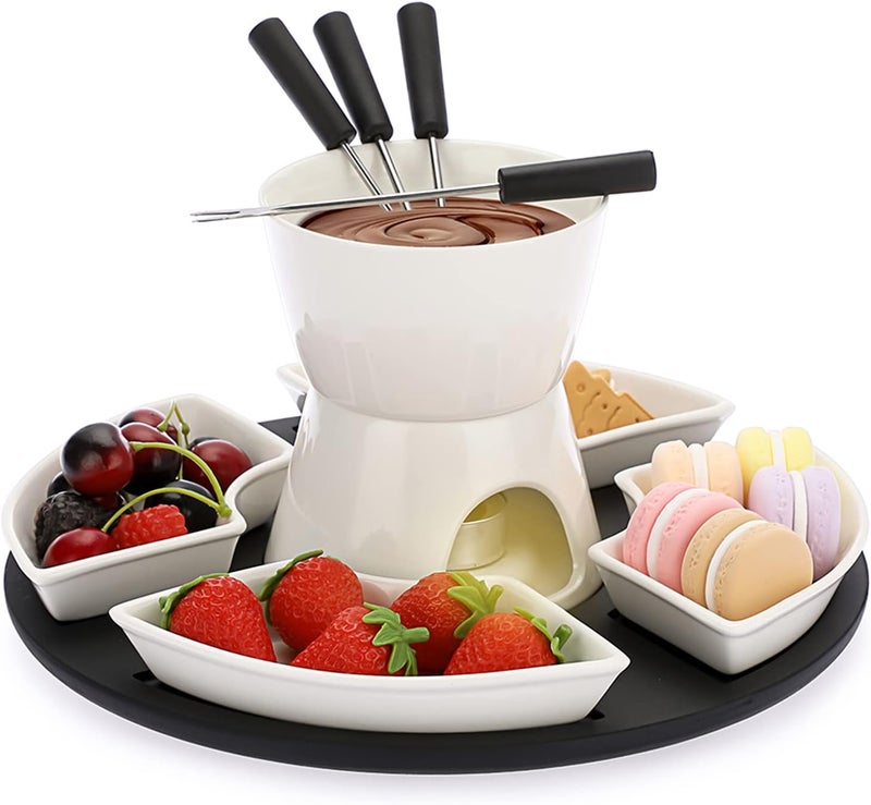 BSTKEY 300ML Ceramic Butter Warmer Set with Wooden Pallet, Fondue Pot Melting Pot Set, Melt Hot Pot Bowl Set For Cheese Chocolate Butter Caramel, with 4 Forks and 4 Dishes - Image 1