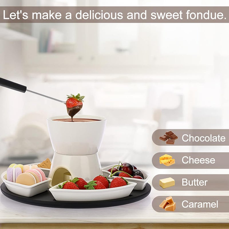 BSTKEY 300ML Ceramic Butter Warmer Set with Wooden Pallet, Fondue Pot Melting Pot Set, Melt Hot Pot Bowl Set For Cheese Chocolate Butter Caramel, with 4 Forks and 4 Dishes - Image 5