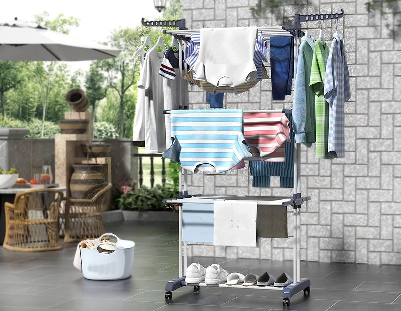 Penora Steel 3 Layer Stainless Steel Cloth Drying Stand, Clothes Drying Stand for Balcony with Wheels, Cloth Stand for Drying Clothes with Foldable Wings, Clothes Drying Rack for Home Use - Image 3