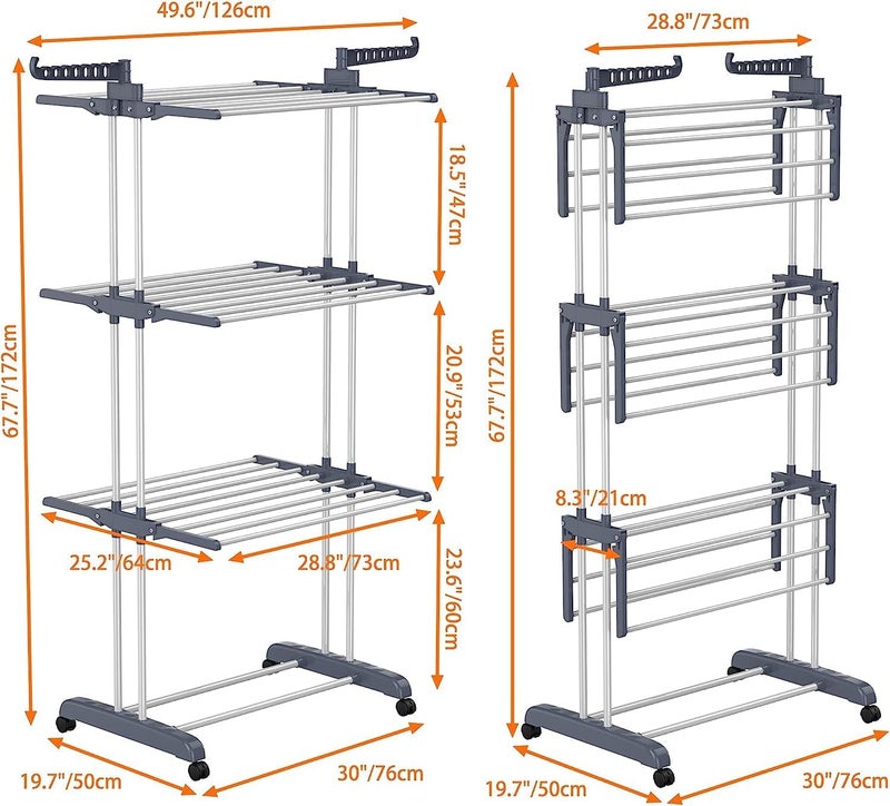 Penora Steel 3 Layer Stainless Steel Cloth Drying Stand, Clothes Drying Stand for Balcony with Wheels, Cloth Stand for Drying Clothes with Foldable Wings, Clothes Drying Rack for Home Use - Image 4