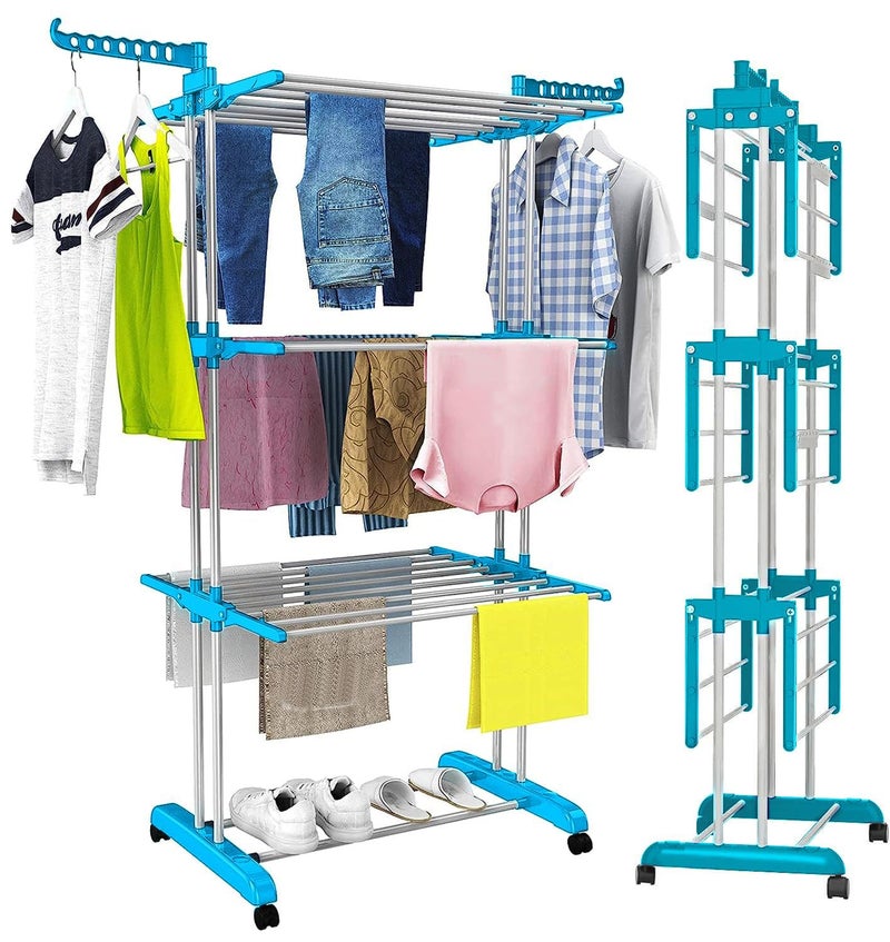Penora Steel 3 Layer Stainless Steel Cloth Drying Stand, Clothes Drying Stand for Balcony with Wheels, Cloth Stand for Drying Clothes with Foldable Wings, Clothes Drying Rack for Home Use - Image 1