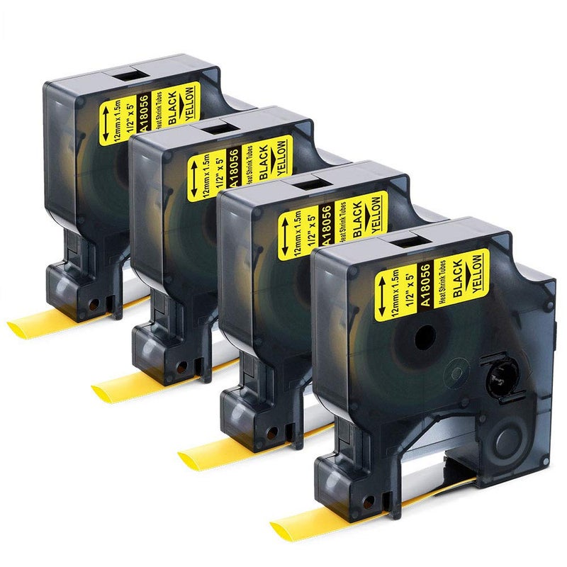 Aonomi Compatible Labels Tape Replacement for DYMO 18056 Heat Shrink Tube Label for DYMO Rhino 4200, 5200, 5000, 6000 Industrial Label Maker, Black on Yellow, 1/2" x 4.9', 4-Pack - Image 1