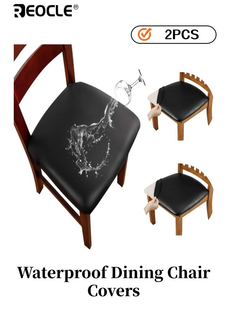 REOCLE 2PCS Waterproof Dining Chair Covers with PU Leather Material and Stretchable Design Elastic Seat Protectors with Non-Slip Base for Kitchen Dining Room Use - Image 1