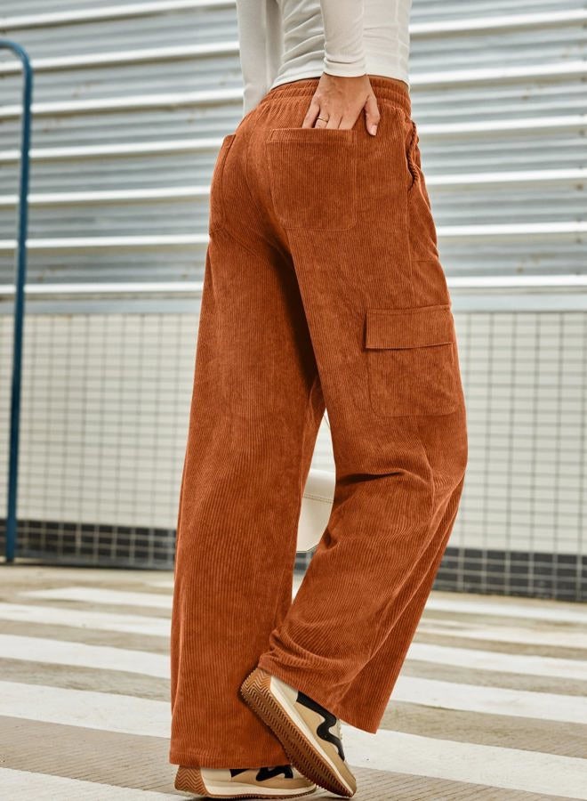 Sidefeel Womens Corduroy Pants Casual High Waisted Elastic Drawstring Cargo Loose Fit Wide Leg Pants with Pockets, Orange, L - Image 4