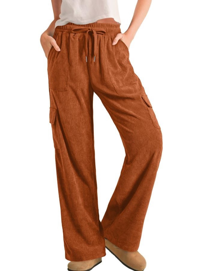 Sidefeel Womens Corduroy Pants Casual High Waisted Elastic Drawstring Cargo Loose Fit Wide Leg Pants with Pockets, Orange, L - Image 1