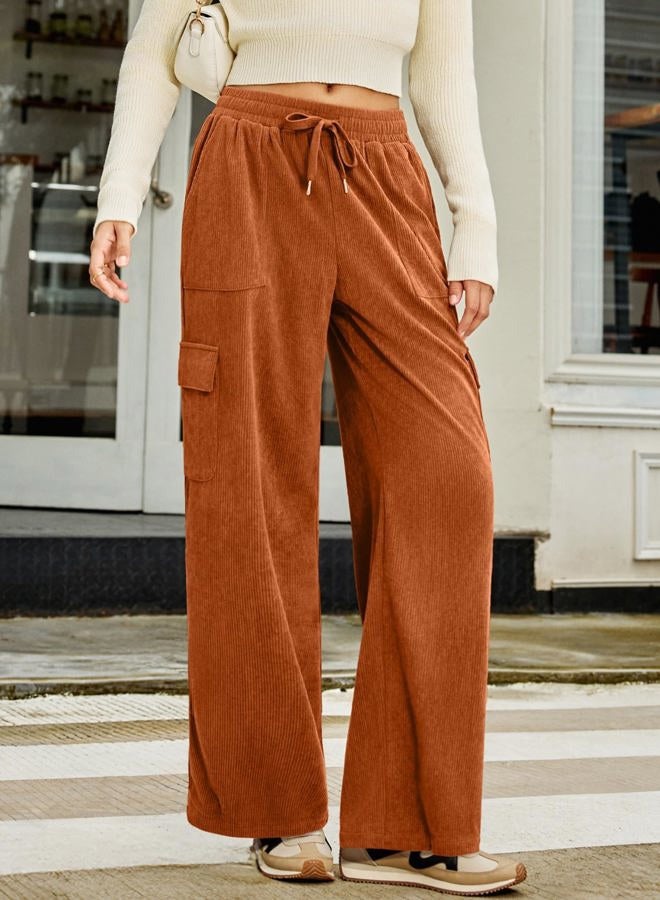 Sidefeel Womens Corduroy Pants Casual High Waisted Elastic Drawstring Cargo Loose Fit Wide Leg Pants with Pockets, Orange, L - Image 2