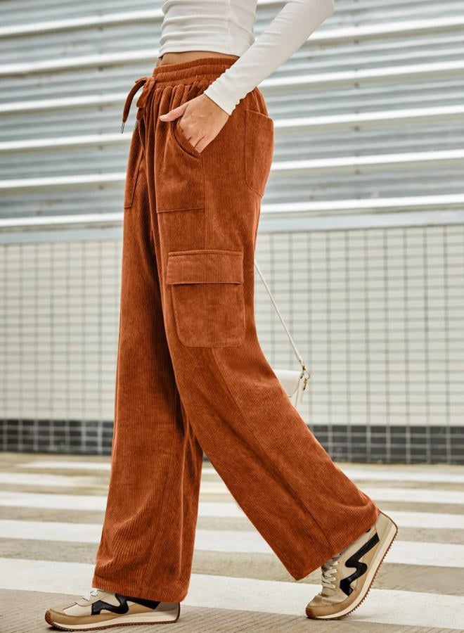 Sidefeel Womens Corduroy Pants Casual High Waisted Elastic Drawstring Cargo Loose Fit Wide Leg Pants with Pockets, Orange, L - Image 3