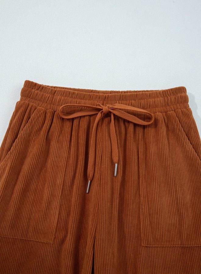 Sidefeel Womens Corduroy Pants Casual High Waisted Elastic Drawstring Cargo Loose Fit Wide Leg Pants with Pockets, Orange, L - Image 5