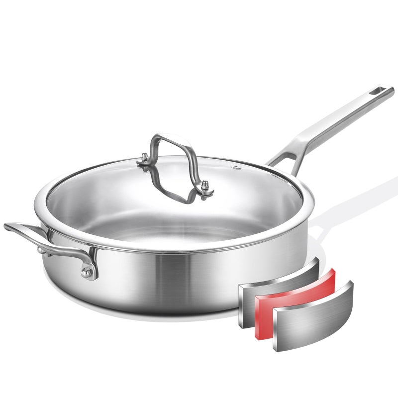 Yeksum TriPly Stainless Steel Saute Pan 7 Quarts 12 Inch Deep Frying Pan with Lids 3layer Large Frying Pan Skillet with Stay Cool Handle Saute Pan with Lid Induction Pan Works on All Cooktops