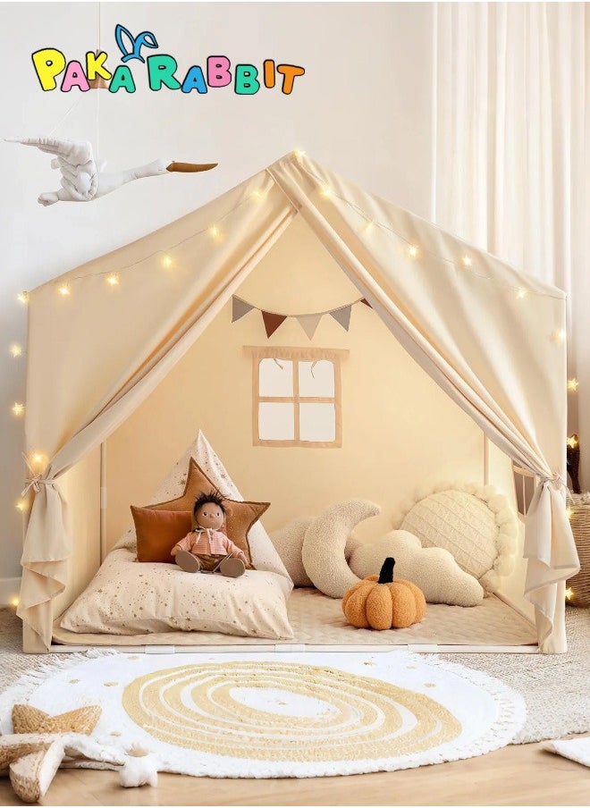 Paka Rabbit Kids Large Playhouse Play Tent with LED String Lights, Colorful Flags , Boys Girls Castle Cottage, Indoors Outdoors Activity Center Reading Nook  - Image 1