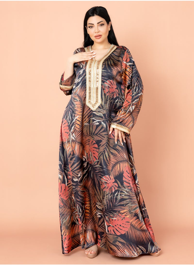 اكسا جلابية مطرزة نقوش شجر بني  - Image 1