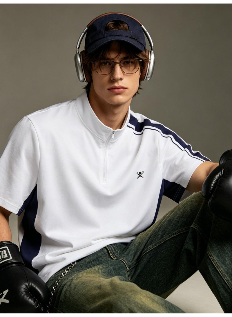 Hackett London Unisex semi-zipper stand collar color matching stripe printed LOGO sports short sleeve T-shirt - Image 2
