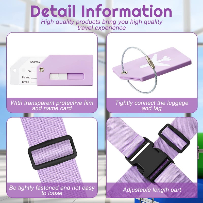 Weewooday 8 Pcs Luggage Straps Suitcase Tags Set for TSA Approved, 4 Travel Adjustable Suitcase Belt, 4 Silicone Luggage Tags with Name ID Card Travel Accessories(Light Purple,Airplane) - Image 3