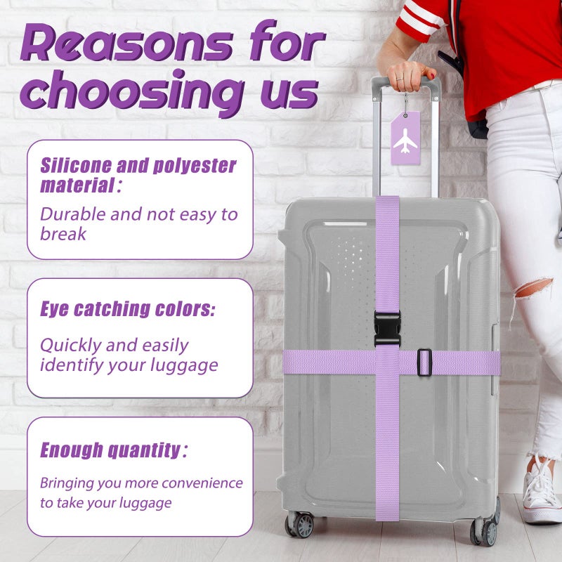 Weewooday 8 Pcs Luggage Straps Suitcase Tags Set for TSA Approved, 4 Travel Adjustable Suitcase Belt, 4 Silicone Luggage Tags with Name ID Card Travel Accessories(Light Purple,Airplane) - Image 4