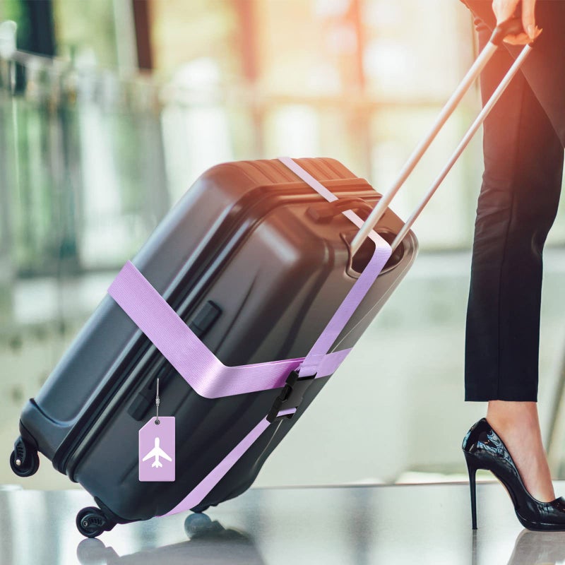 Weewooday 8 Pcs Luggage Straps Suitcase Tags Set for TSA Approved, 4 Travel Adjustable Suitcase Belt, 4 Silicone Luggage Tags with Name ID Card Travel Accessories(Light Purple,Airplane) - Image 5