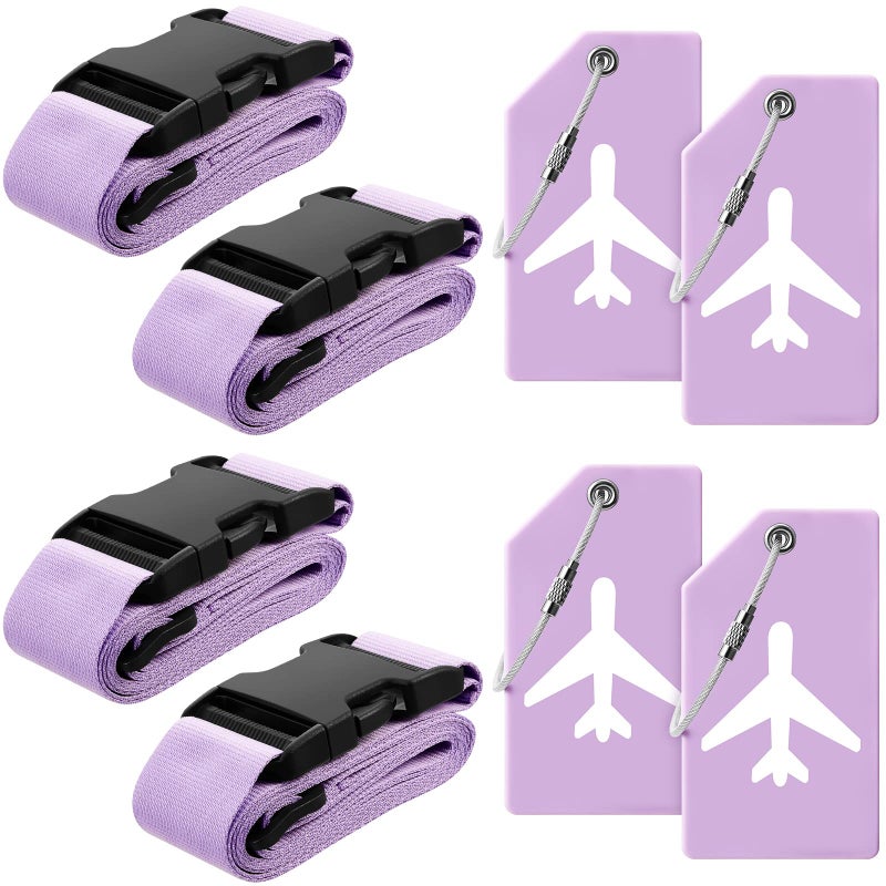 Weewooday 8 Pcs Luggage Straps Suitcase Tags Set for TSA Approved, 4 Travel Adjustable Suitcase Belt, 4 Silicone Luggage Tags with Name ID Card Travel Accessories(Light Purple,Airplane) - Image 1