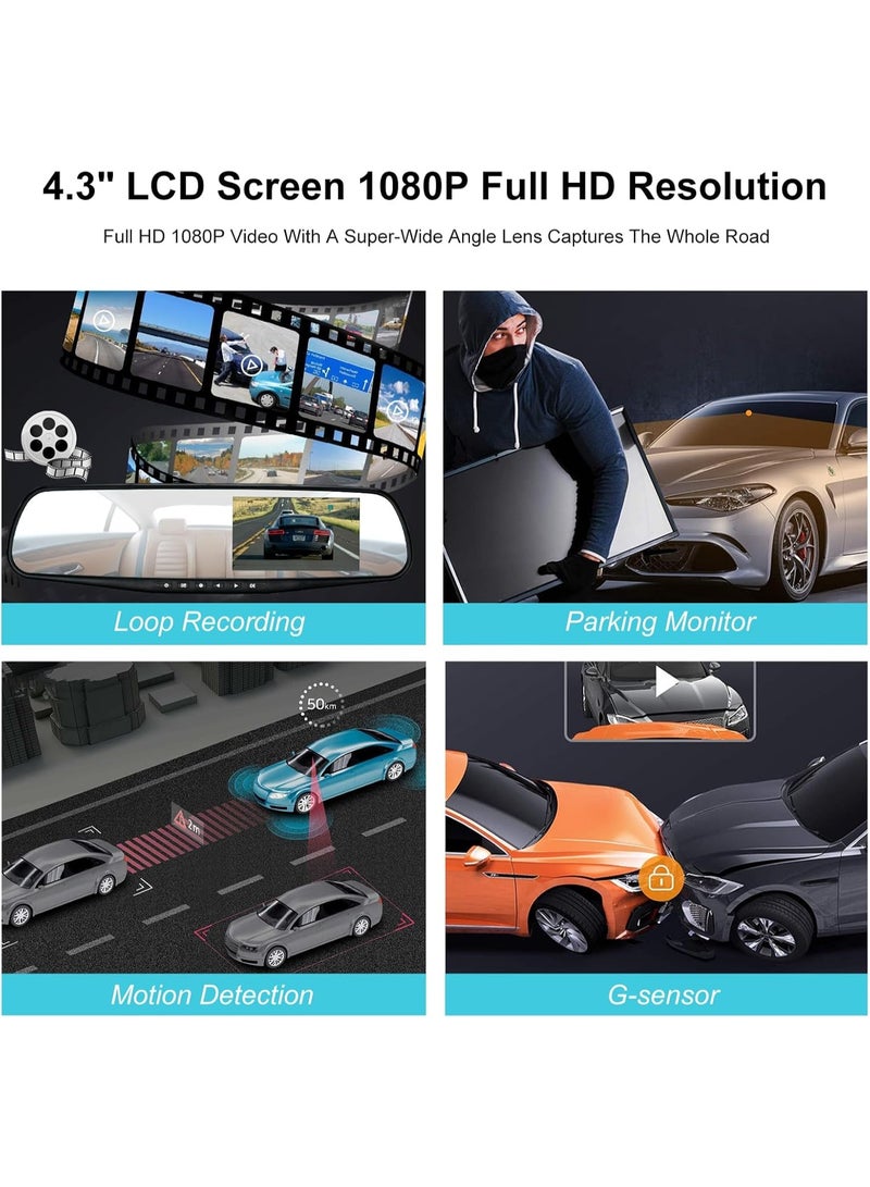 MUNTAQI Dash Cam Mirror Dash Camera – Dual Lens Front & Rear 1080P Full HD Car Driving Recorder, Wide-Angle Dashboard Camera, Video Recording, Parking Monitor, Night Vision, G-Sensor - Image 3