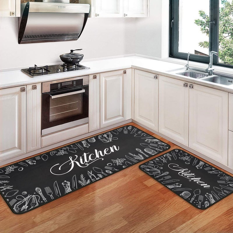 2 PCS Kitchen Rugs and Mats Non Skid Washable Black Kitchen Mat Soft Super Absorbent Anti Fatigue Kitchen Mat Runner Set Doormat Bathroom 17x4717x30