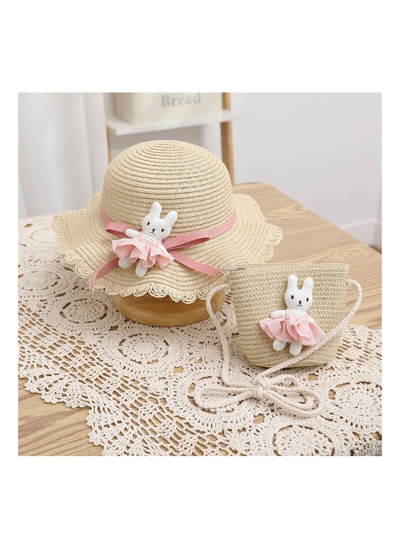 KUYING Children's Cartoon Pink Skirt Little Rabbit Straw Hat Hat Bag Two Piece Set 